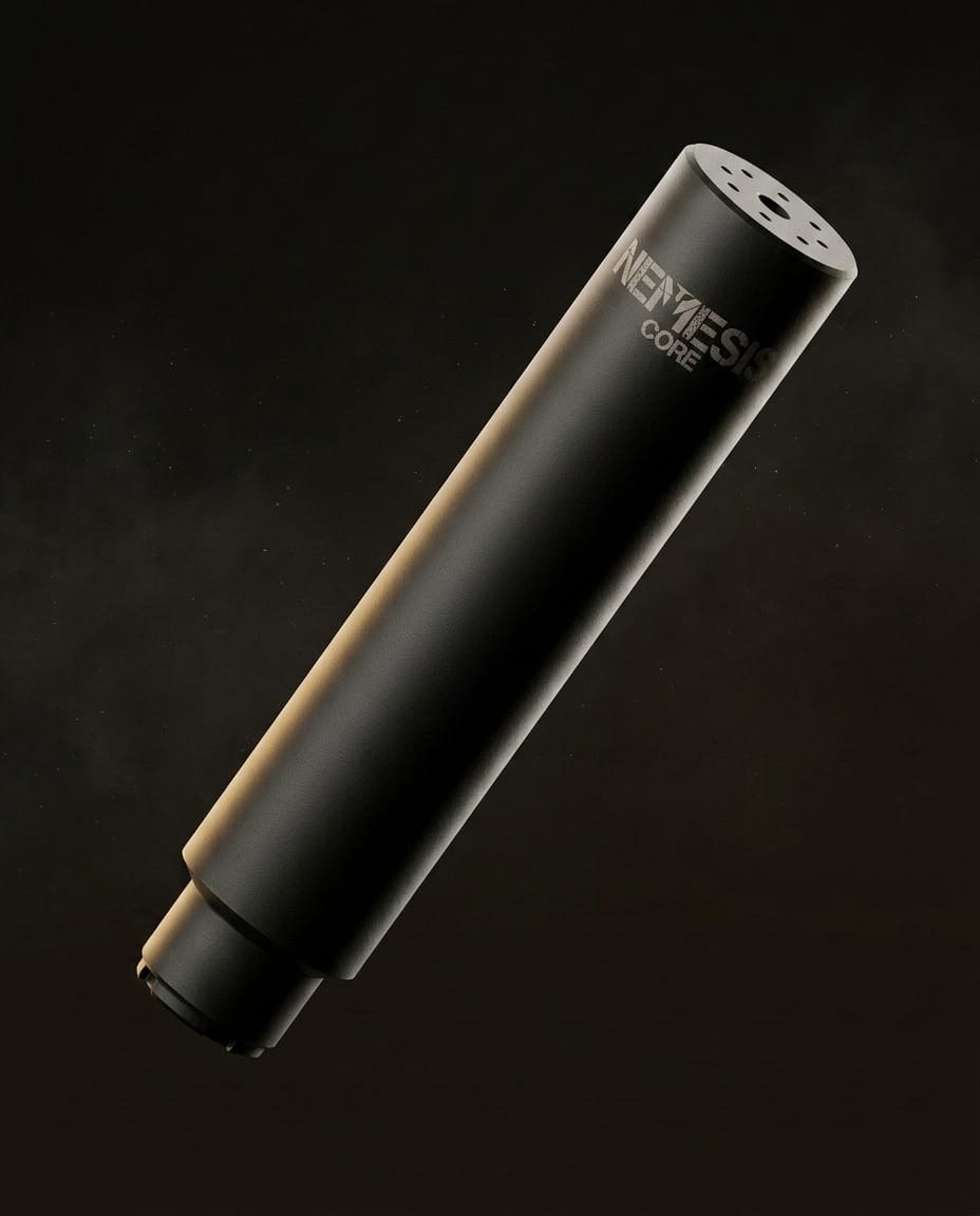 Глушник NEMESIS CORE 5.45 АК-12 з байонетним кріпленням - діагональний ракурс, видно байонетний вузол і гравіювання NEMESIS CORE