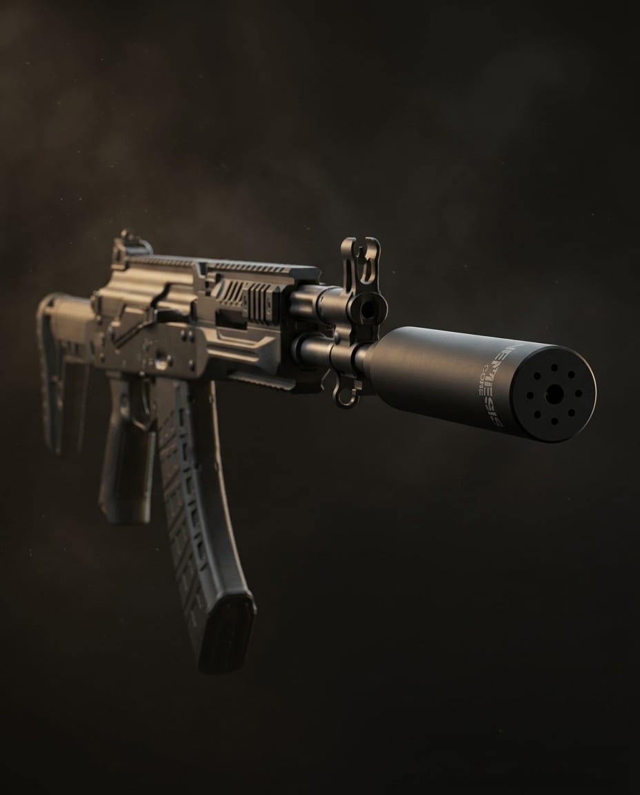 Глушник NEMESIS CORE 5.45 АК-12 встановлений на автоматі - вид збоку