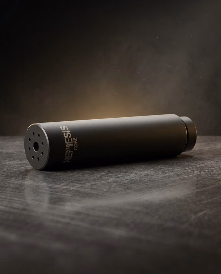 Глушник NEMESIS CORE 5.45 лежить на поверхні - сталевий оксидований корпус