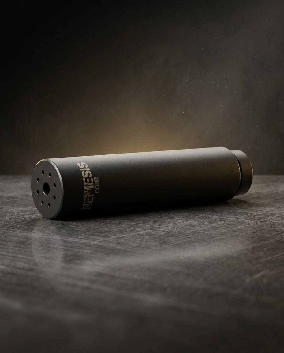 Глушник NEMESIS CORE 5.45 лежить на поверхні - сталевий оксидований корпус