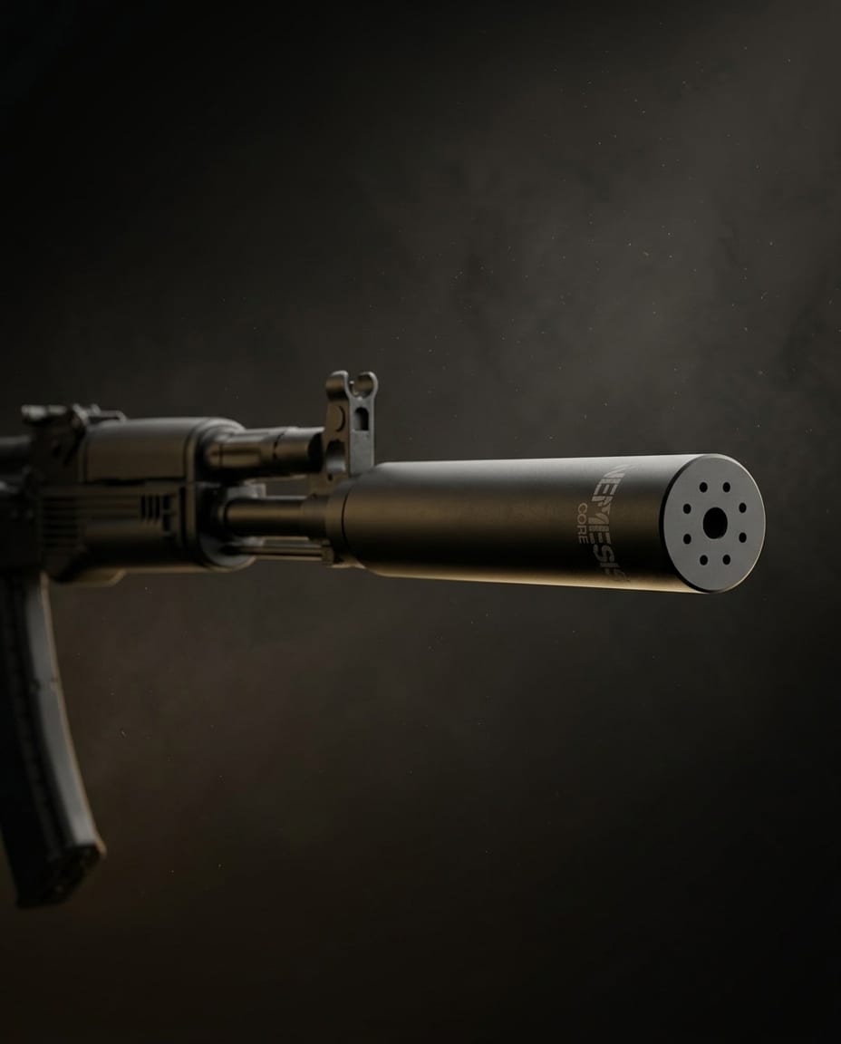 Глушник NEMESIS CORE 5.45 встановлений на АК - вид збоку