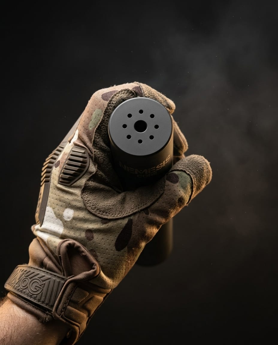 Торець глушника NEMESIS CORE 5.56 чорний матовий у рукавиці - вид на вихідний канал і газові отвори