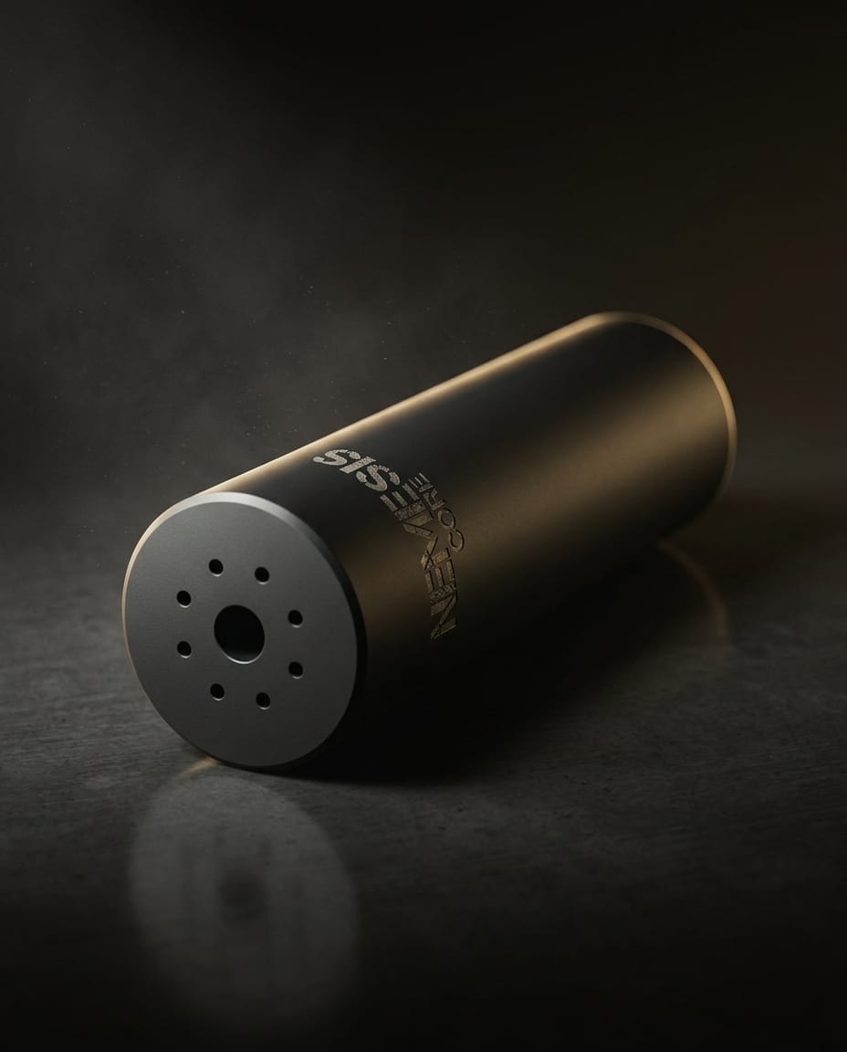 Глушник NEMESIS CORE 5.56 чорний матовий лежить на поверхні - видно торець і гравіювання NEMESIS CORE
