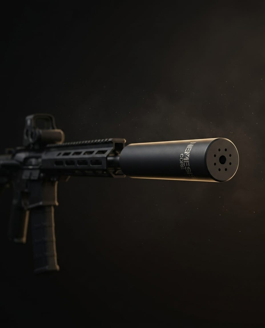 Саундмодератор NEMESIS CORE 5.56 чорний матовий накручений на гвинтівку - вид збоку на встановлений глушник