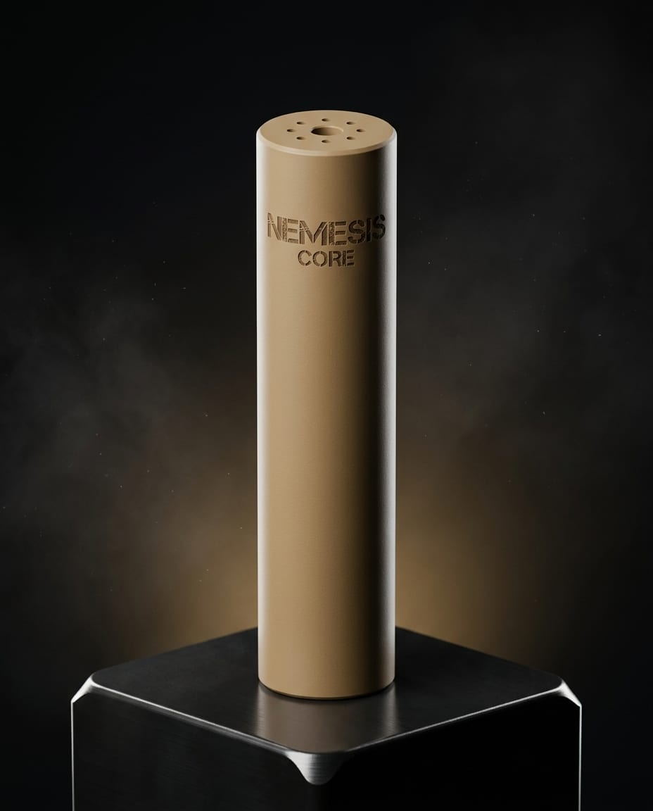 Саундмодератор NEMESIS CORE 5.56 колір Тан на підставці - вертикальний кадр із видним гравіюванням NEMESIS CORE