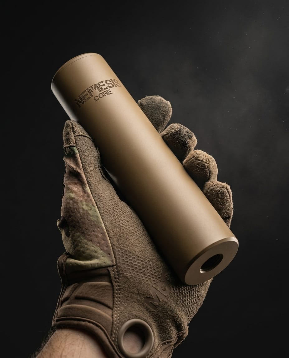 Саундмодератор NEMESIS CORE 5.56 Тан у тактичній рукавиці - гравіювання NEMESIS CORE на корпусі