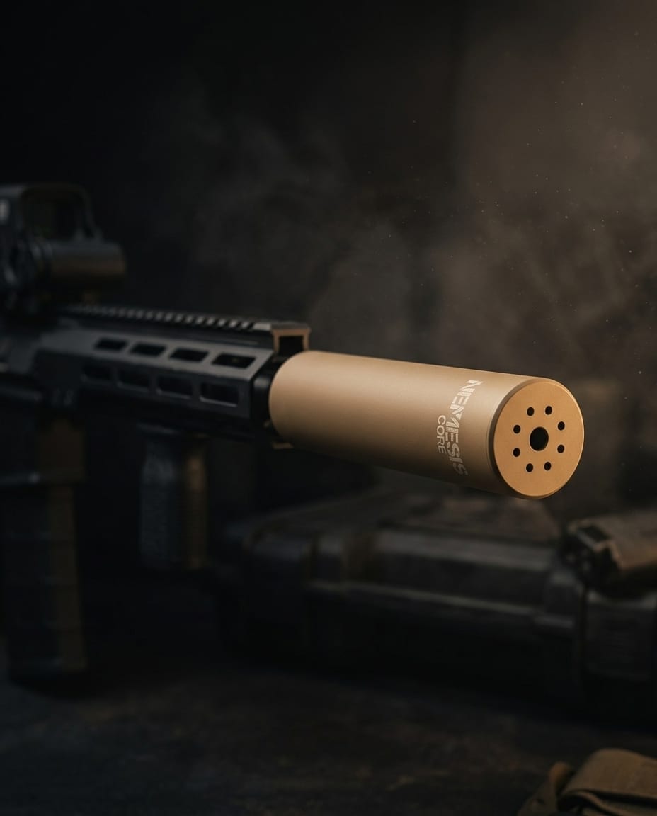 Глушник NEMESIS CORE 5.56 Тан накручений на гвинтівку - встановлений саундмодератор на зброї збоку