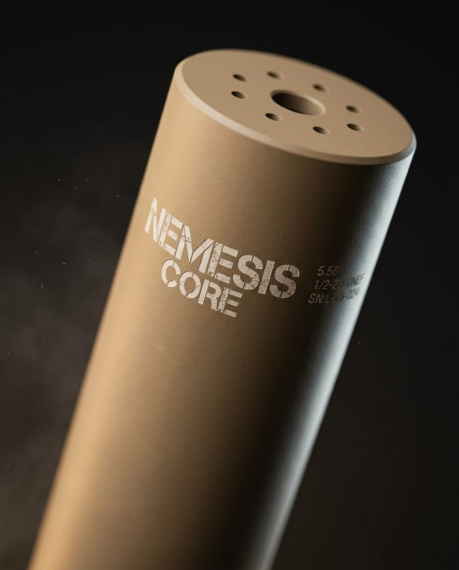 Гравіювання NEMESIS CORE на корпусі глушника 5.56 Тан крупним планом - калібр 5.56, різьба 1/2-28 і серійний номер