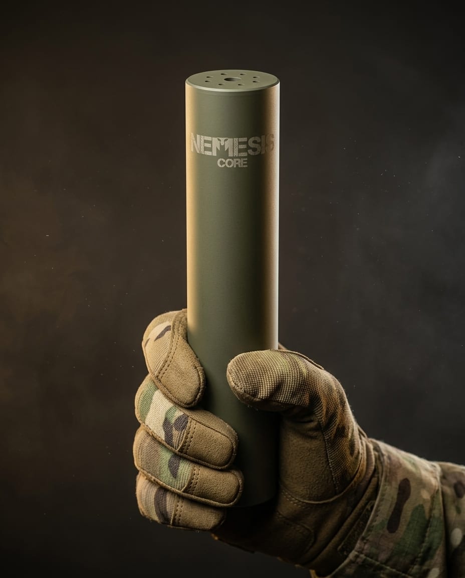 Саундмодератор NEMESIS CORE 5.56 O.D. Green в тактичній рукавиці - матовий корпус Cerakote з гравіюванням NEMESIS CORE
