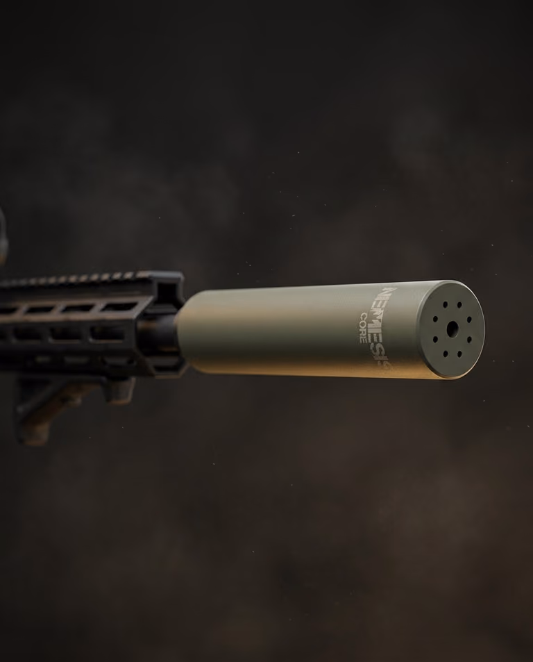 Саундмодератор NEMESIS CORE 5.56 O.D. Green встановлений на зброї - вид збоку