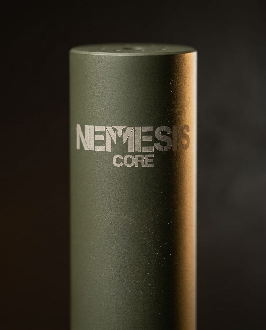 Гравіювання NEMESIS CORE на корпусі глушника NEMESIS CORE 5.56 у кольорі O.D. Green крупним планом