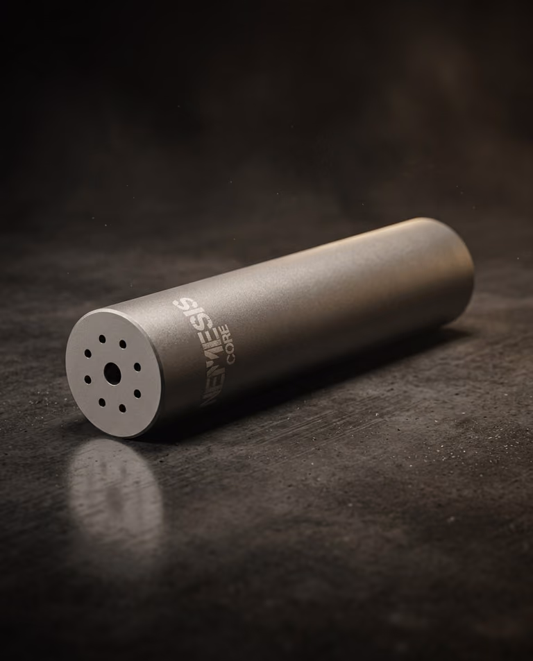 Глушник NEMESIS CORE 5.56 з нержавіючої сталі лежить на поверхні - матовий корпус, торець із газовими отворами
