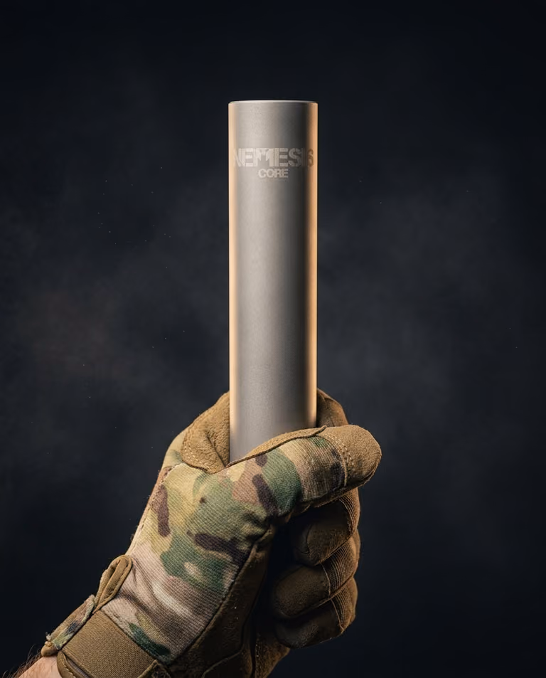 Саундмодератор NEMESIS CORE 5.56 з нержавіючої сталі в тактичній рукавиці - матовий корпус із гравіюванням NEMESIS CORE