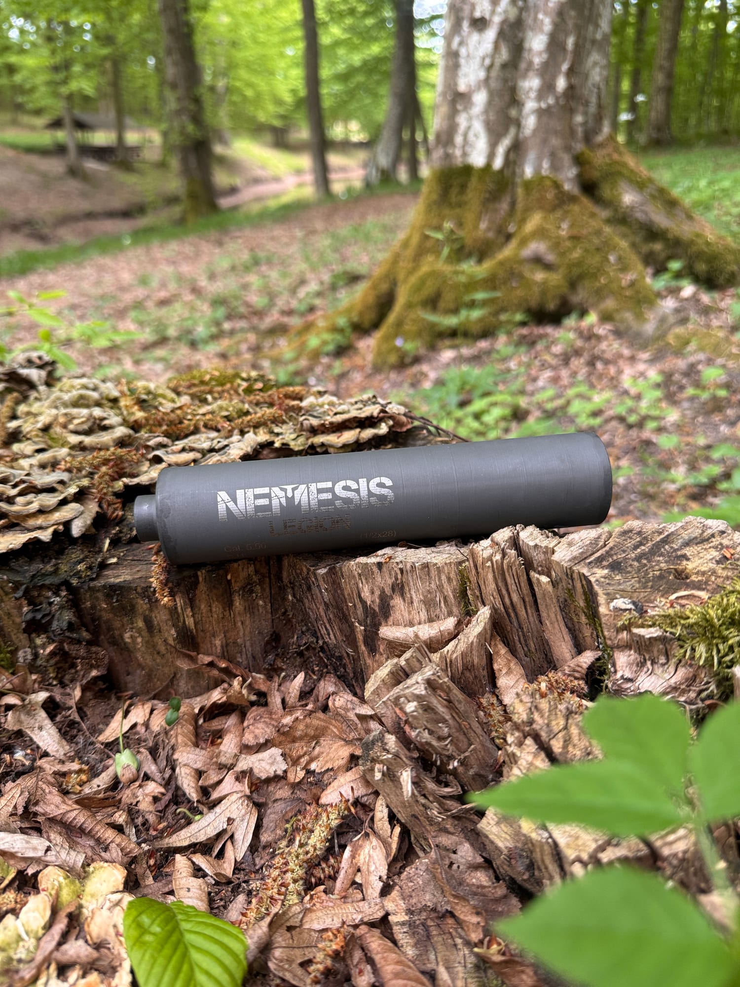 Глушник NEMESIS CORE 7.62×39 на замшілому пні, великий план гравіювання NEMESIS на корпусі