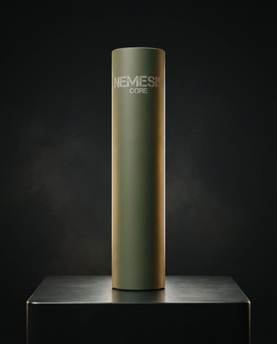 Саундмодератор NEMESIS CORE 7.62 O.D. Green вертикально на підставці - гравіювання NEMESIS CORE і торець із газовими отворами
