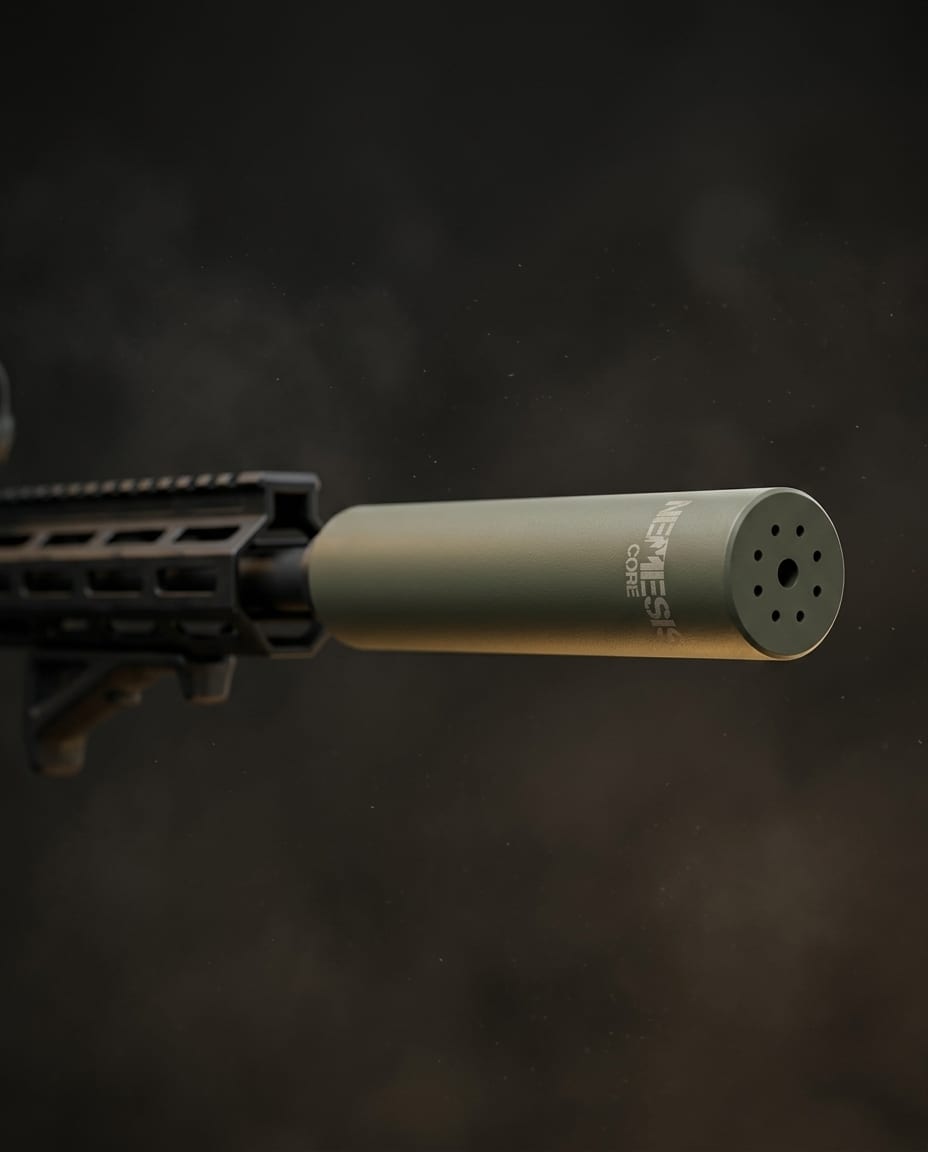 Саундмодератор NEMESIS CORE 7.62 O.D. Green встановлений на зброї - вид збоку