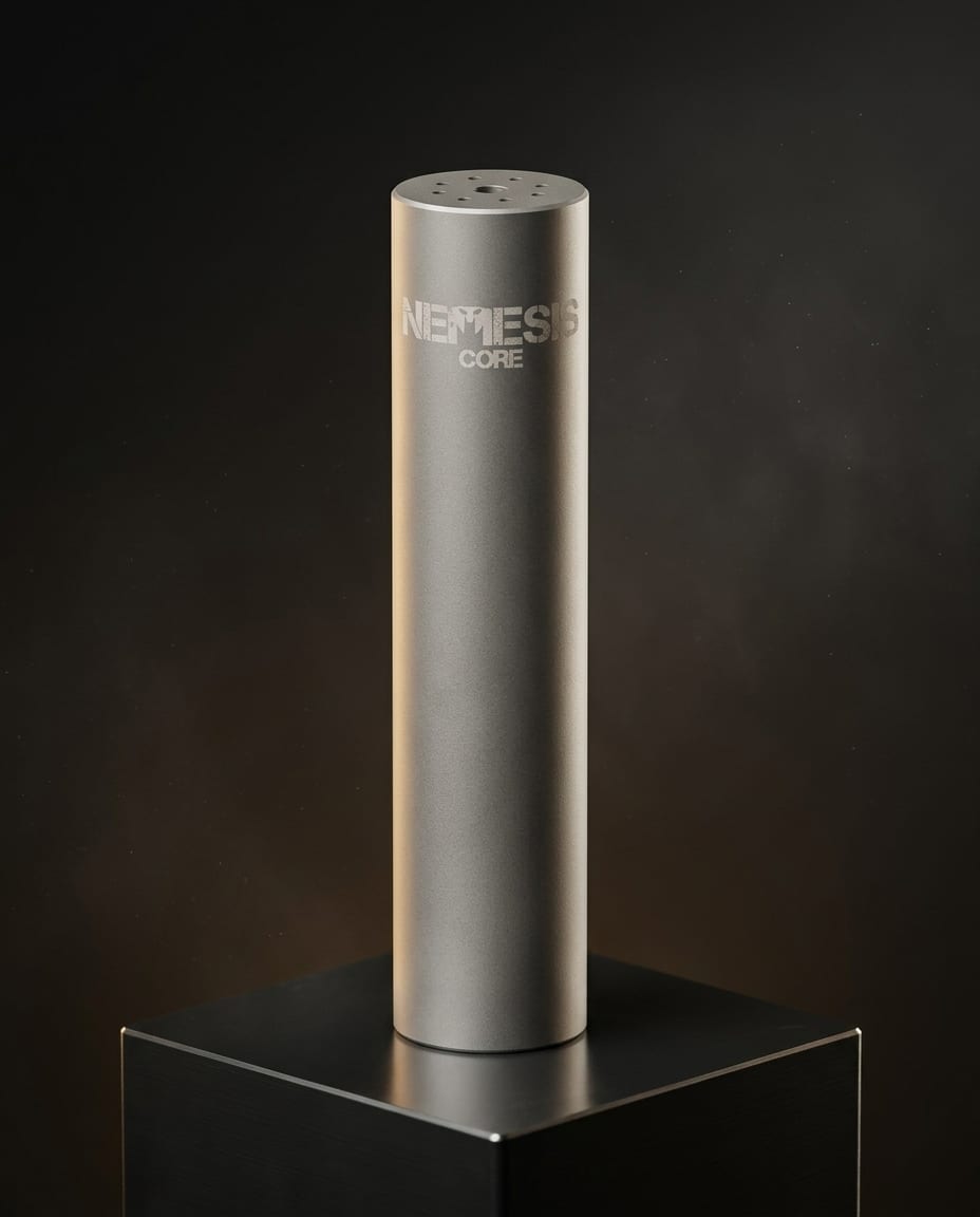 Саундмодератор NEMESIS CORE 7.62 з нержавіючої сталі вертикально на підставці - гравіювання NEMESIS CORE і торець із газовими отворами