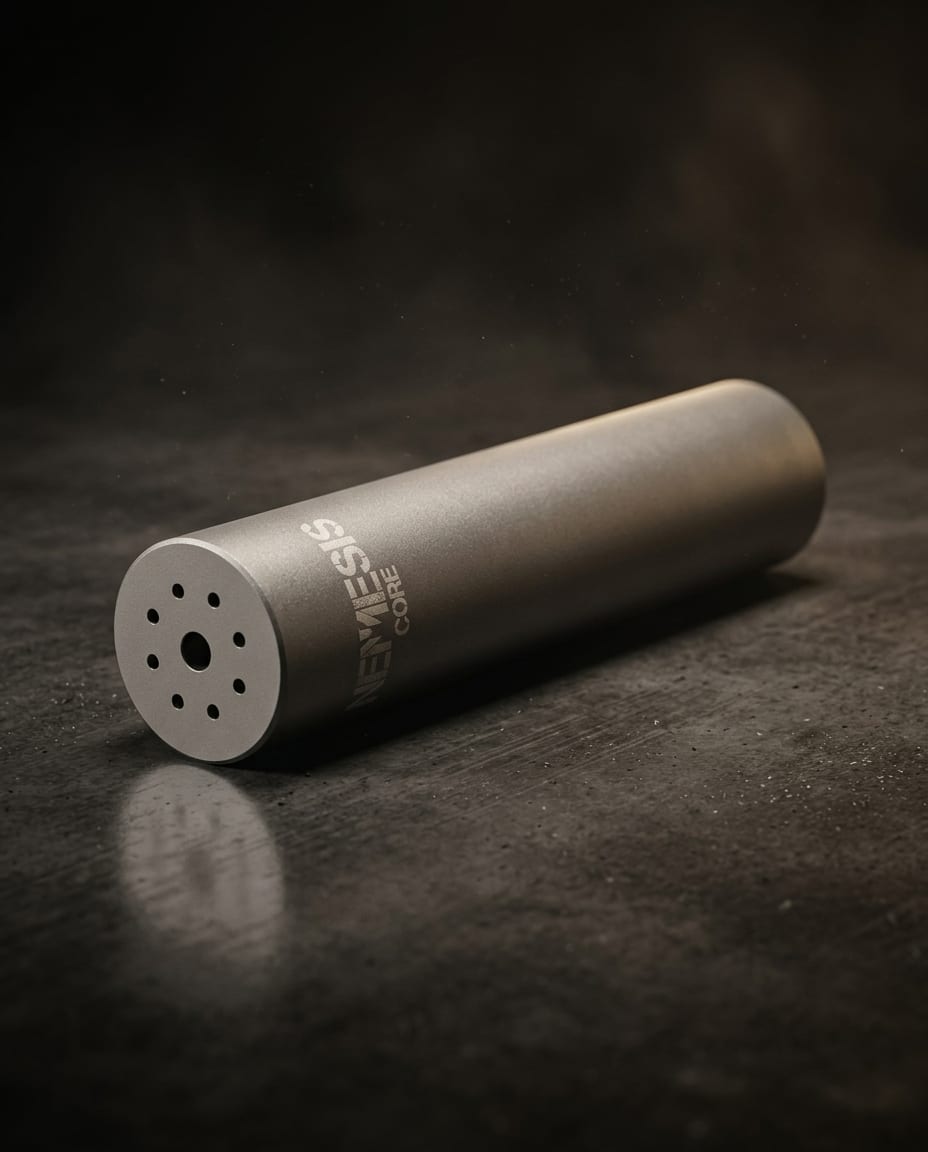 Глушник NEMESIS CORE 7.62 з нержавіючої сталі лежить на поверхні - матовий корпус, торець із газовими отворами