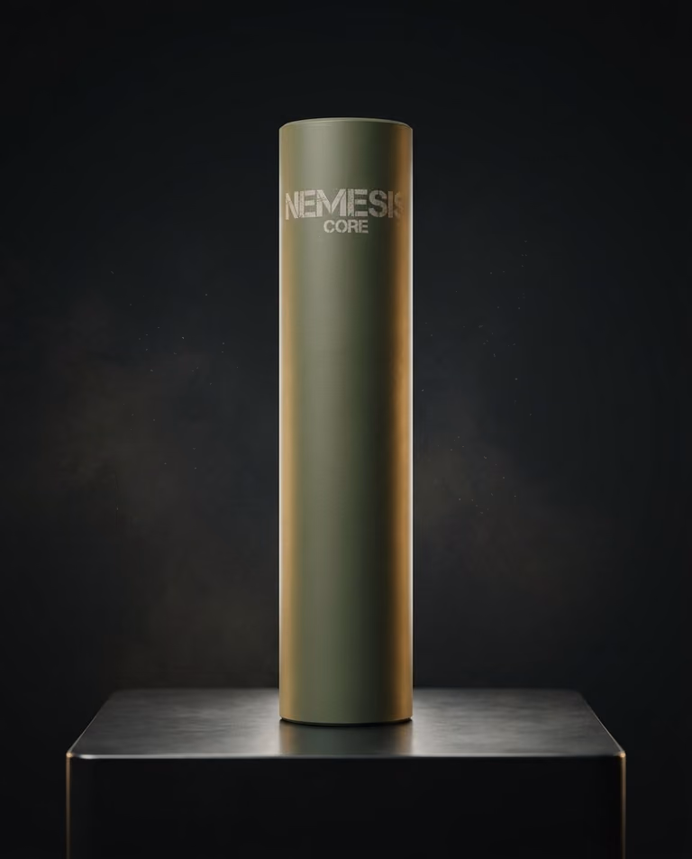 Саундмодератор NEMESIS CORE 9mm O.D. Green вертикально на підставці - гравіювання NEMESIS CORE і торець із газовими отворами
