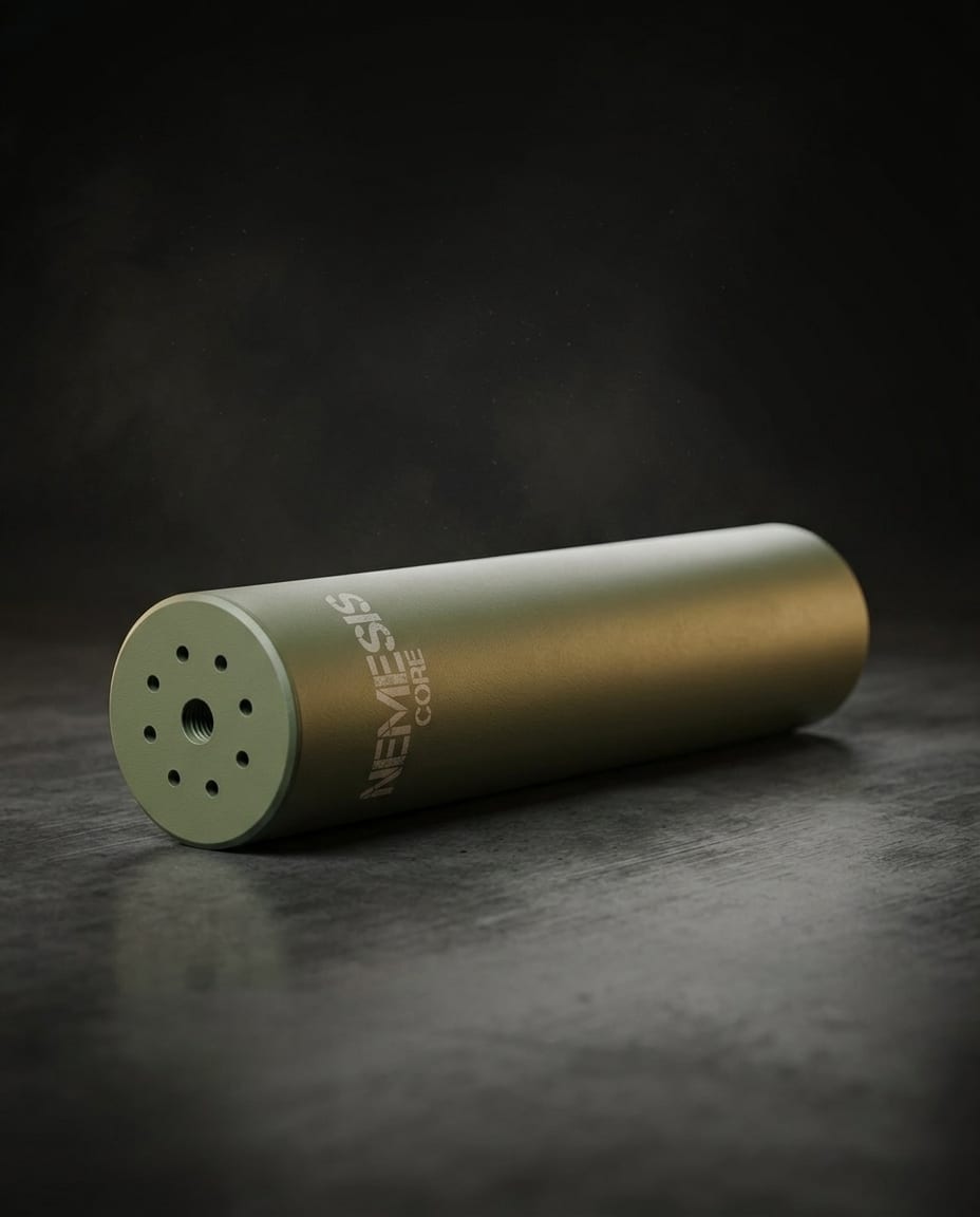 Глушник NEMESIS CORE 9mm O.D. Green лежить на поверхні - матовий корпус Cerakote, торець із газовими отворами