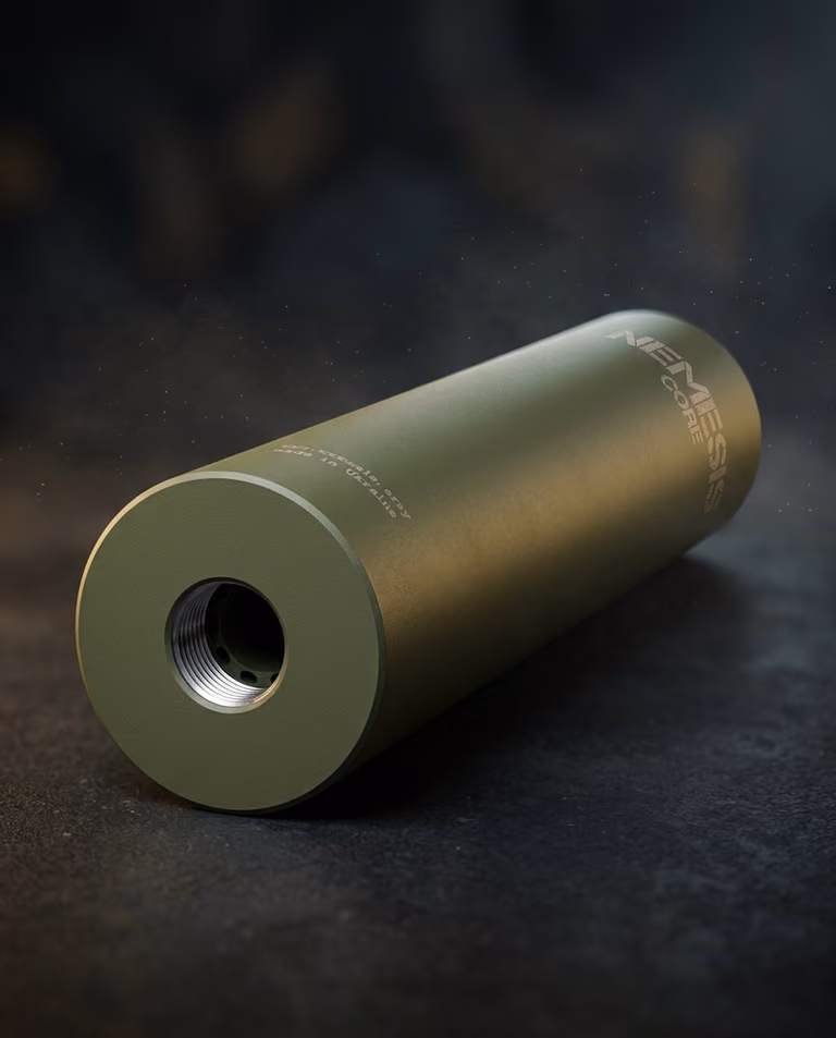 Різьбовий кінець саундмодератора NEMESIS CORE 9mm O.D. Green - вид на приєднувальну різьбу під кутом