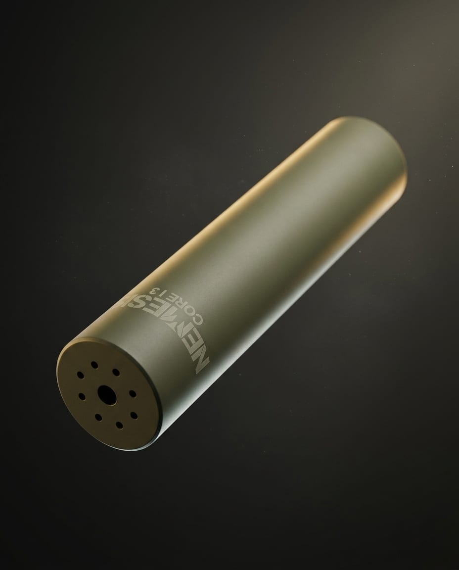Глушник NEMESIS CORE Internal 5.56 у кольорі O.D. Green - діагональний ракурс у польоті, видно торець із газовими отворами та гравіювання NEMESIS CORE I3