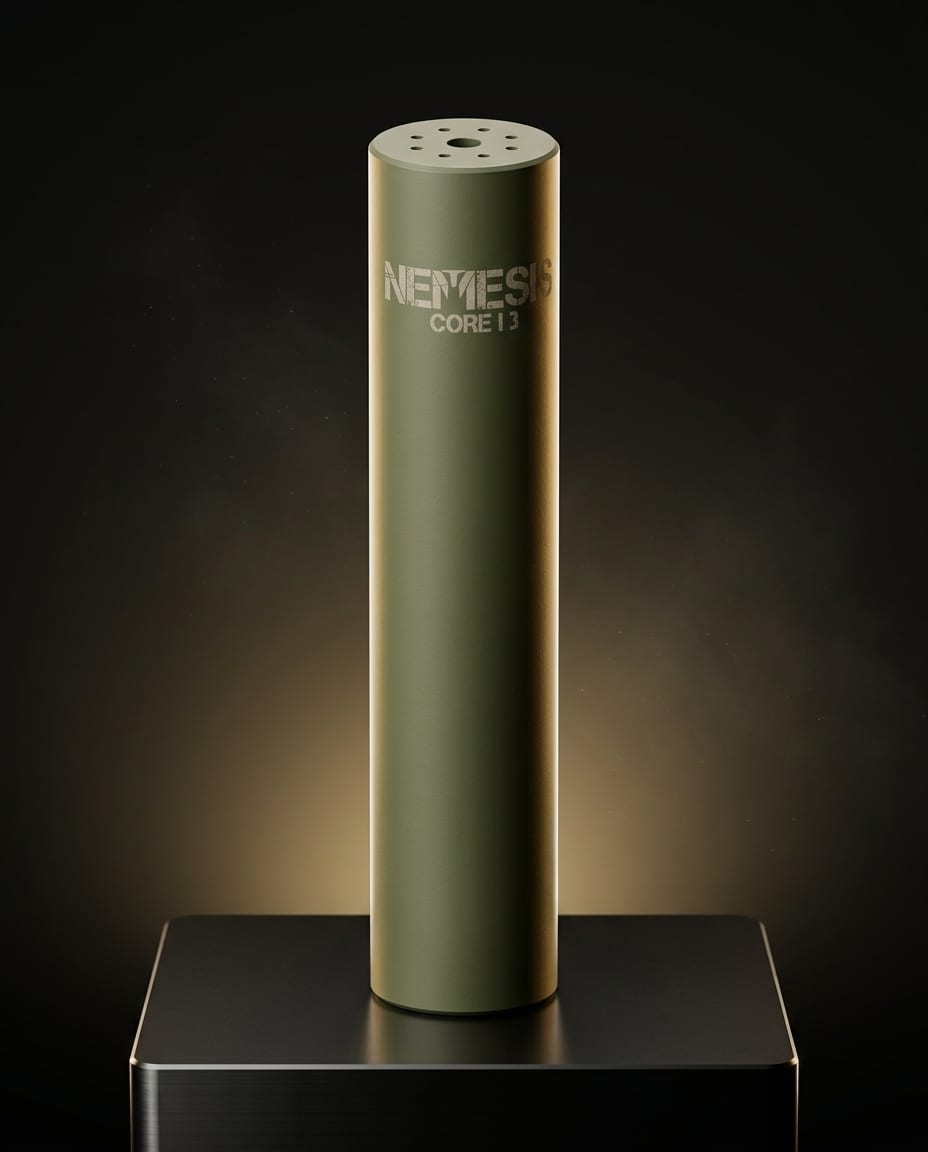 Саундмодератор NEMESIS CORE Internal 5.56 O.D. Green вертикально на підставці - гравіювання NEMESIS CORE I3 і торець із газовими отворами