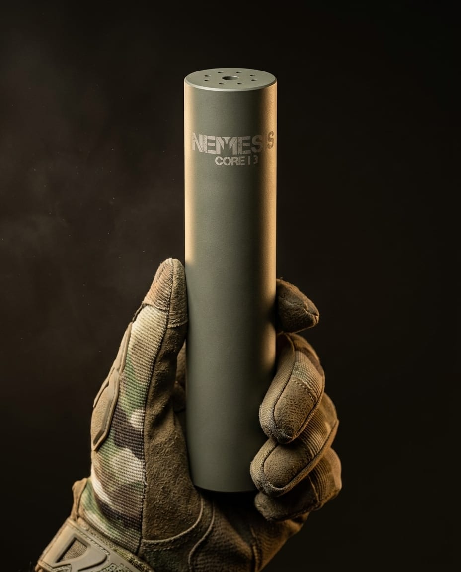 Саундмодератор NEMESIS CORE Internal 5.56 O.D. Green в тактичній рукавиці - матовий корпус Cerakote з гравіюванням NEMESIS CORE I3