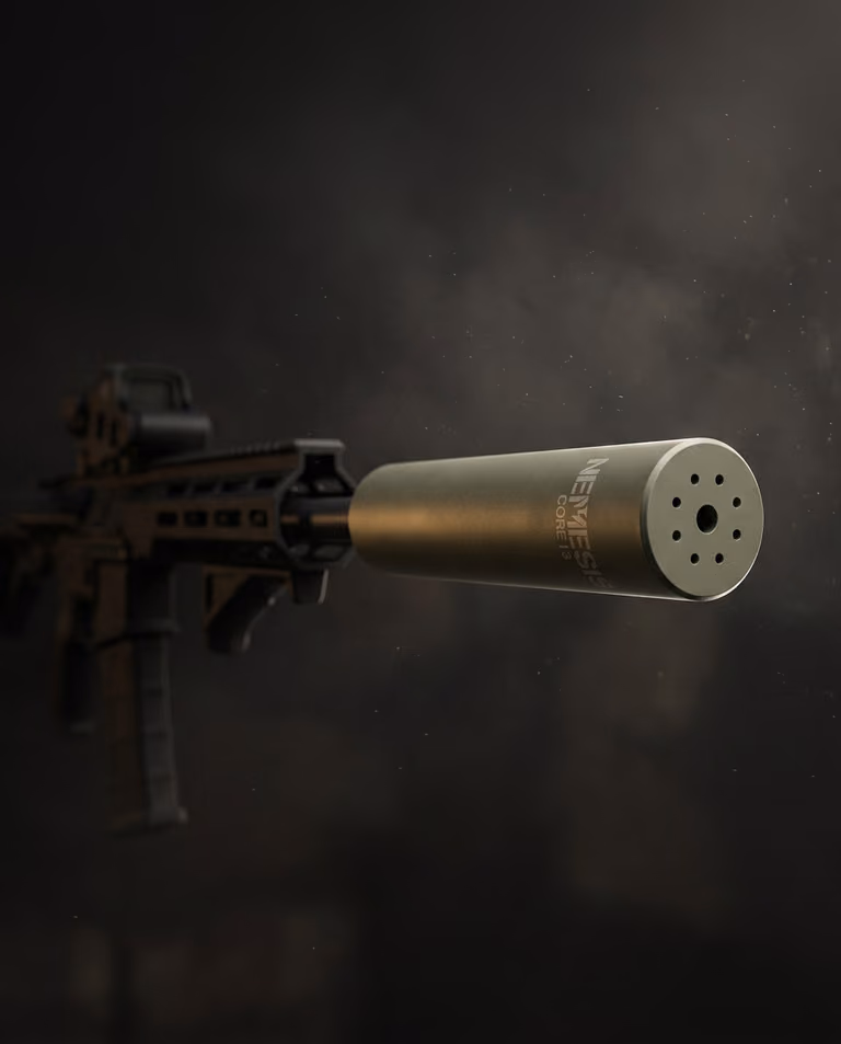 Саундмодератор NEMESIS CORE Internal 5.56 O.D. Green встановлений на зброї - вид збоку