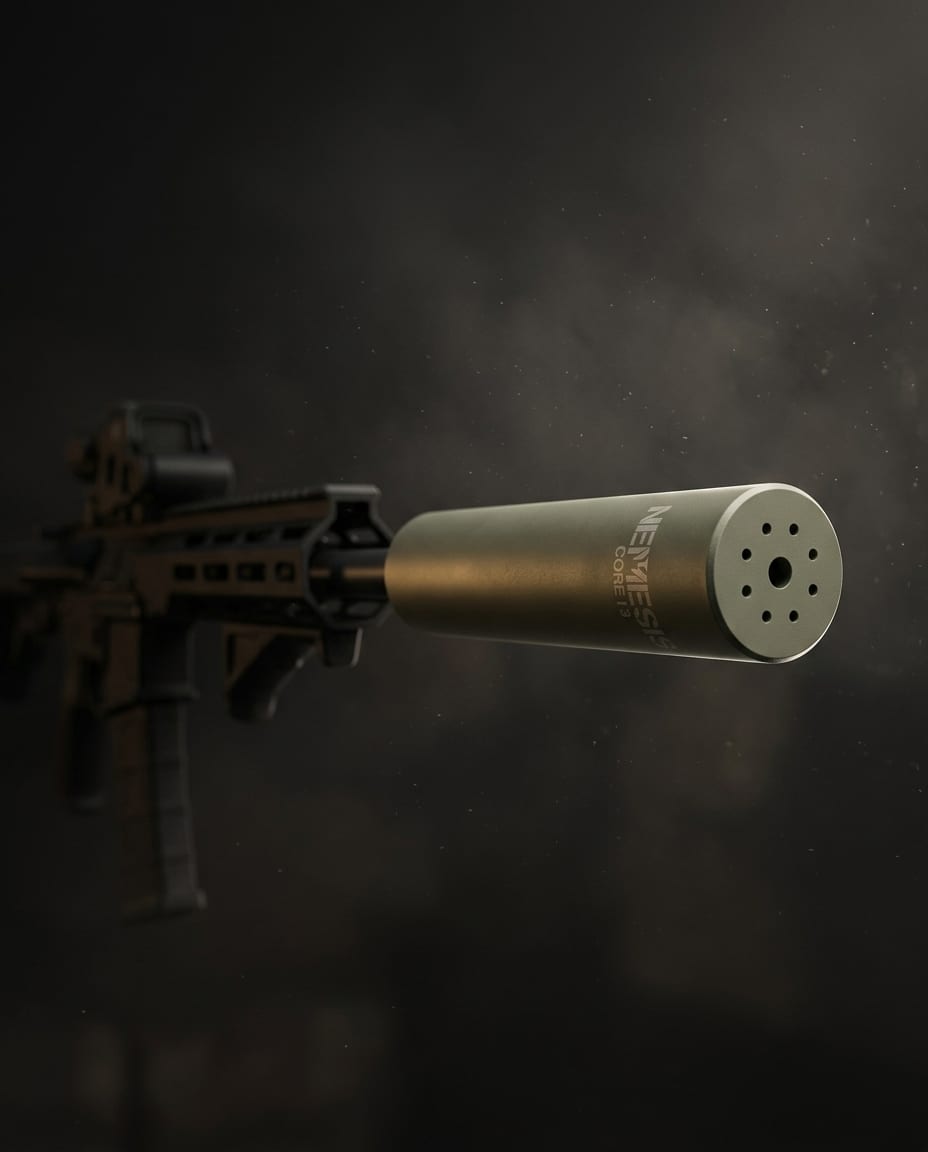 Саундмодератор NEMESIS CORE Internal 5.56 O.D. Green встановлений на зброї - вид збоку