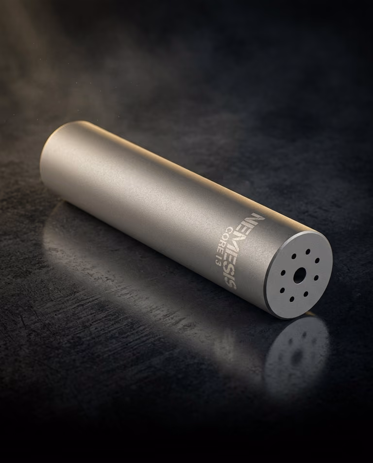 Глушник NEMESIS CORE Internal 5.56 з нержавіючої сталі лежить на поверхні - матовий корпус, торець із газовими отворами