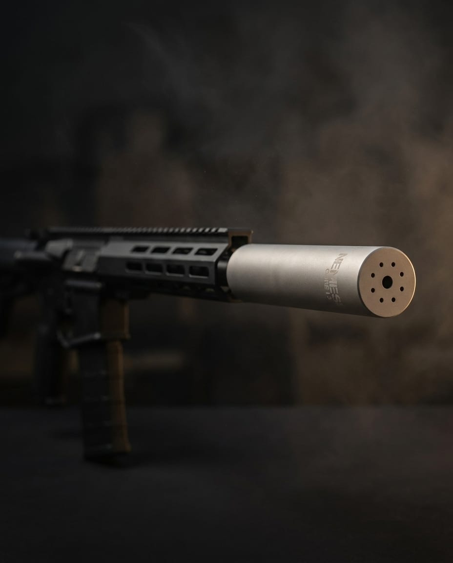 Саундмодератор NEMESIS CORE Internal 5.56 з нержавіючої сталі встановлений на зброї - вид збоку