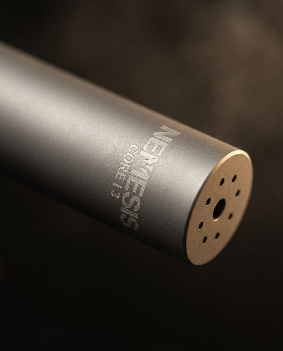 Гравіювання NEMESIS CORE I3 на корпусі глушника NEMESIS CORE Internal 5.56 з нержавіючої сталі крупним планом