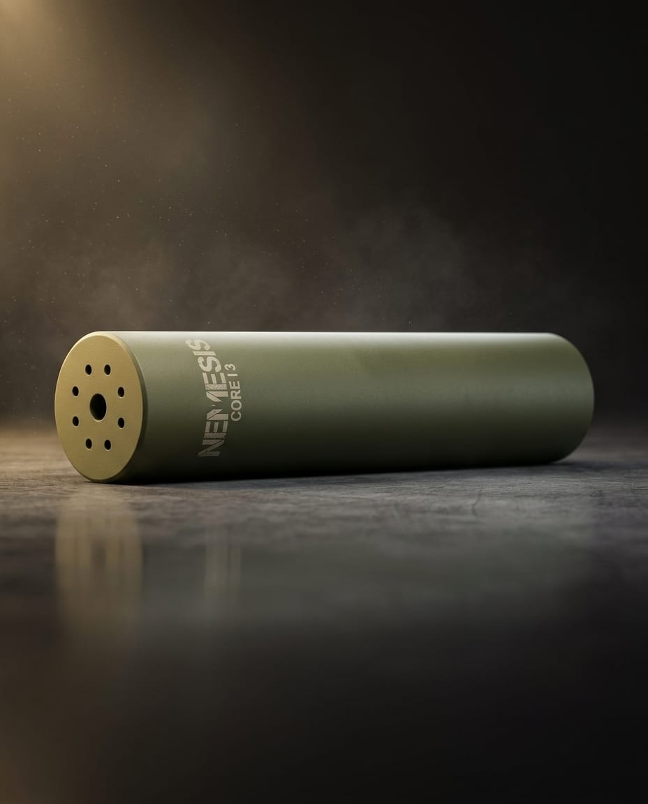 Глушник NEMESIS CORE Internal 9mm O.D. Green лежить на поверхні - матовий корпус Cerakote, торець із газовими отворами