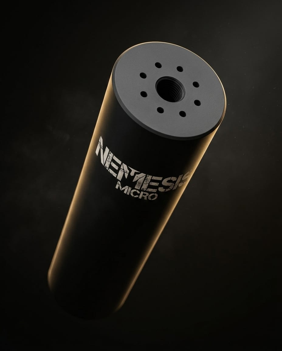 Глушник NEMESIS MICRO 5.56 чорний матовий під кутом - видно торець із газовими отворами та гравіювання NEMESIS MICRO