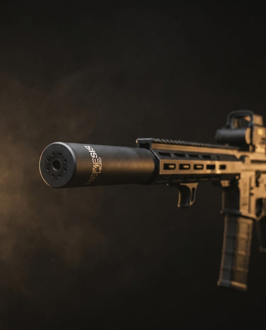 Саундмодератор NEMESIS MICRO 5.56 чорний матовий накручений на ствол AR-15, вид збоку