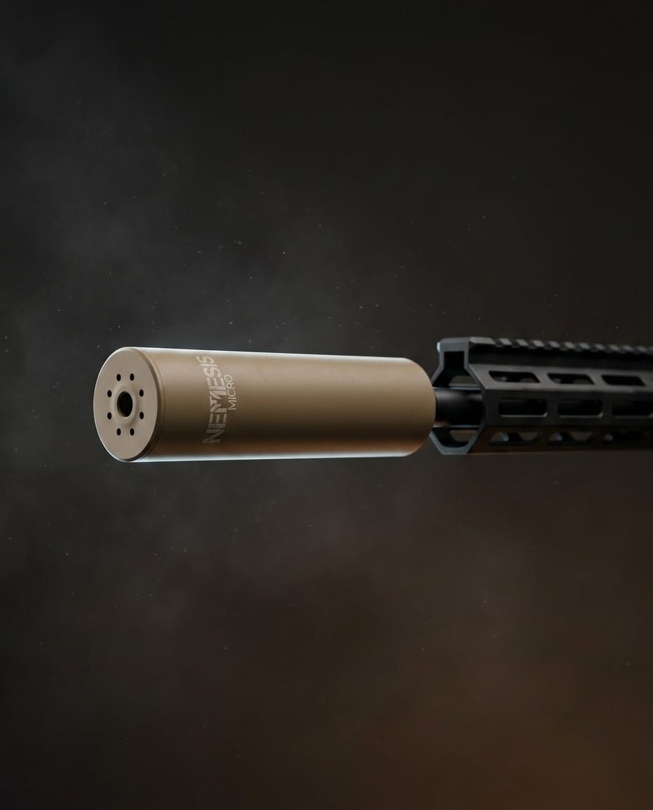 Саундмодератор NEMESIS MICRO 5.56 Тан накручений на ствол AR-15, видно торець із газовими отворами