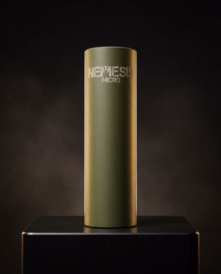 Саундмодератор NEMESIS MICRO 5.56 O.D. Green вертикально на підставці - гравіювання NEMESIS MICRO і торець із газовими отворами