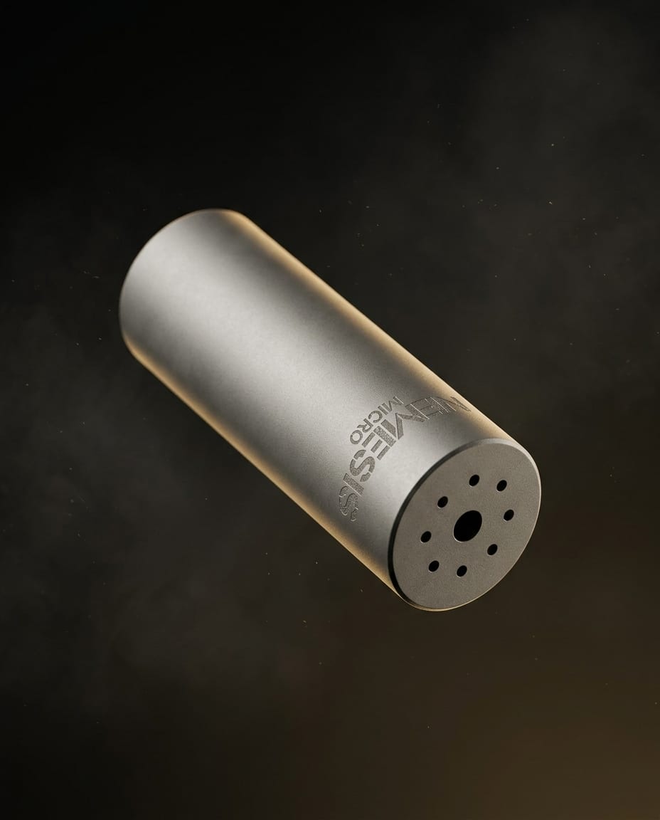 Глушник NEMESIS MICRO 5.56 з нержавіючої сталі у польоті - діагональний ракурс, видно торець із газовими отворами та гравіювання NEMESIS MICRO
