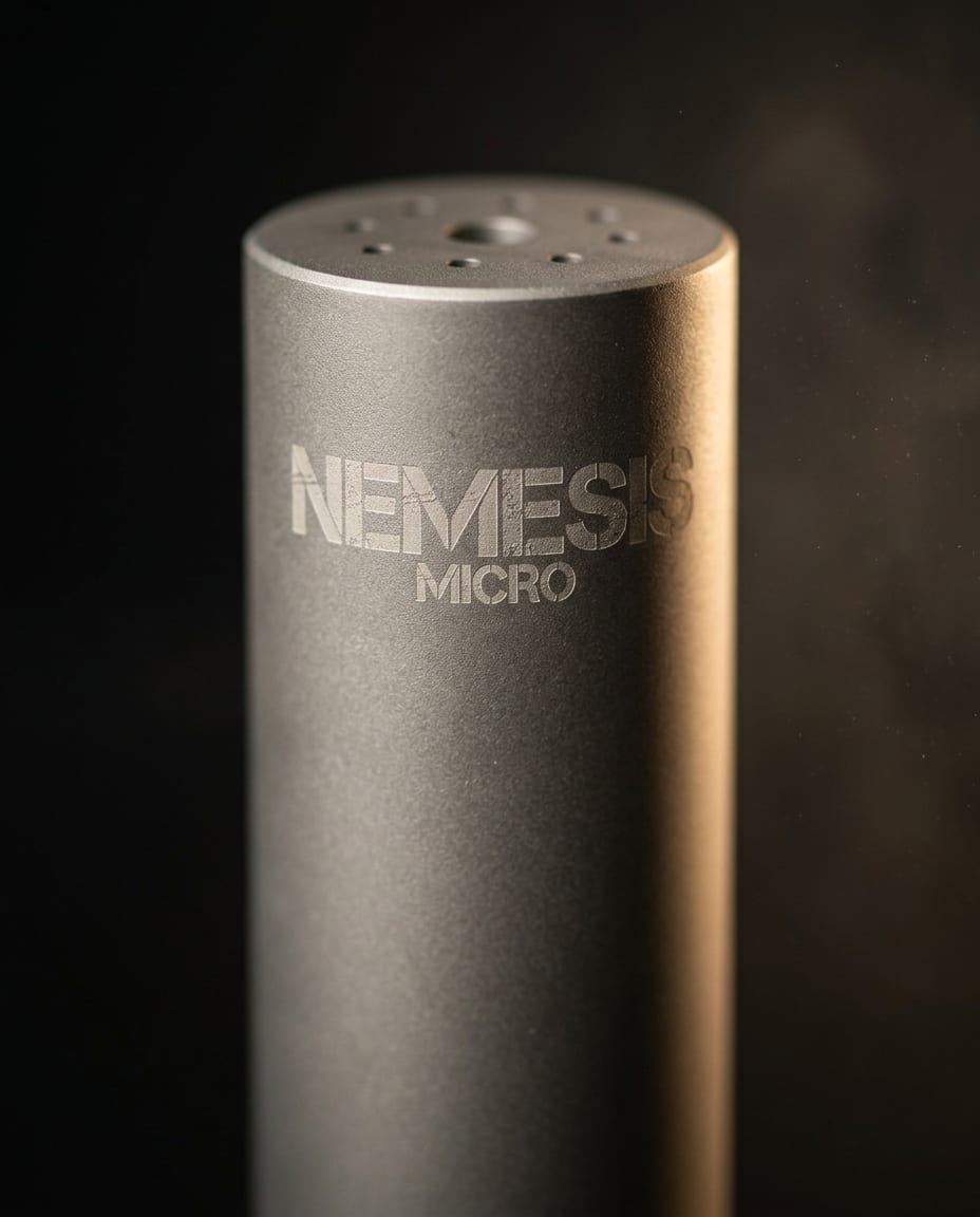 Гравіювання NEMESIS MICRO на корпусі глушника NEMESIS MICRO 5.56 з нержавіючої сталі крупним планом