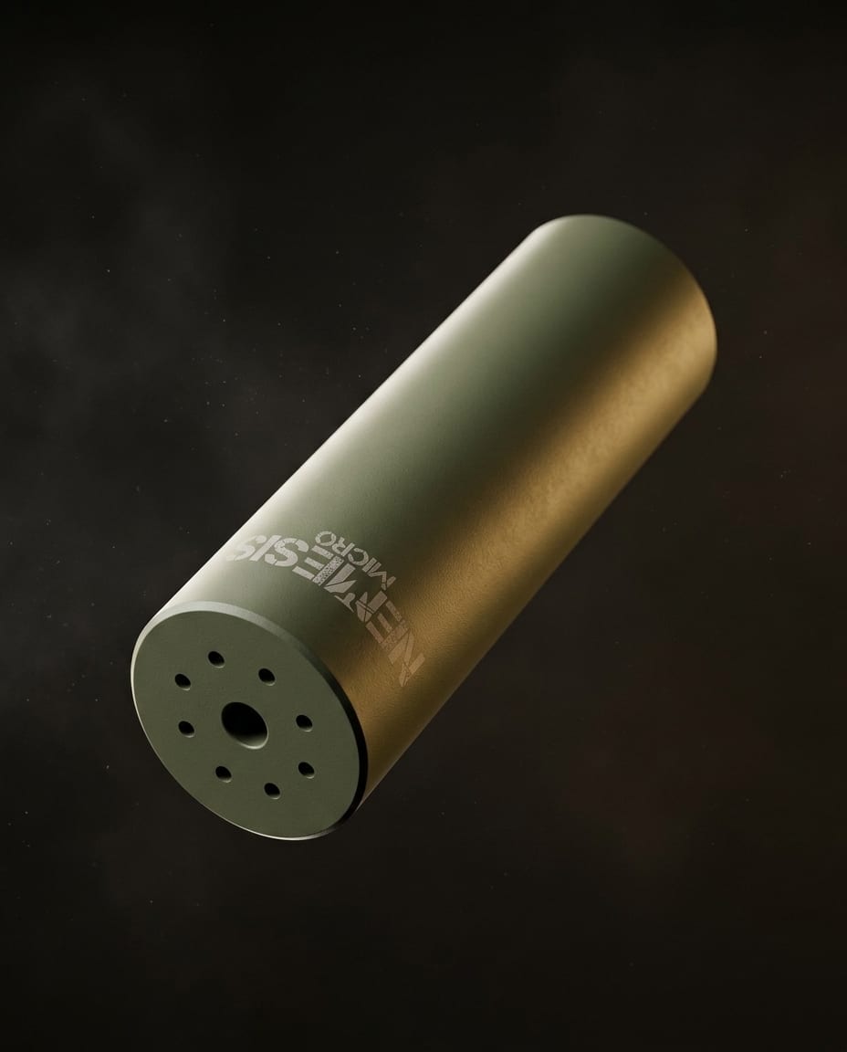 Глушник NEMESIS MICRO 7.62 у кольорі O.D. Green - діагональний ракурс у польоті, видно торець із газовими отворами та гравіювання NEMESIS MICRO