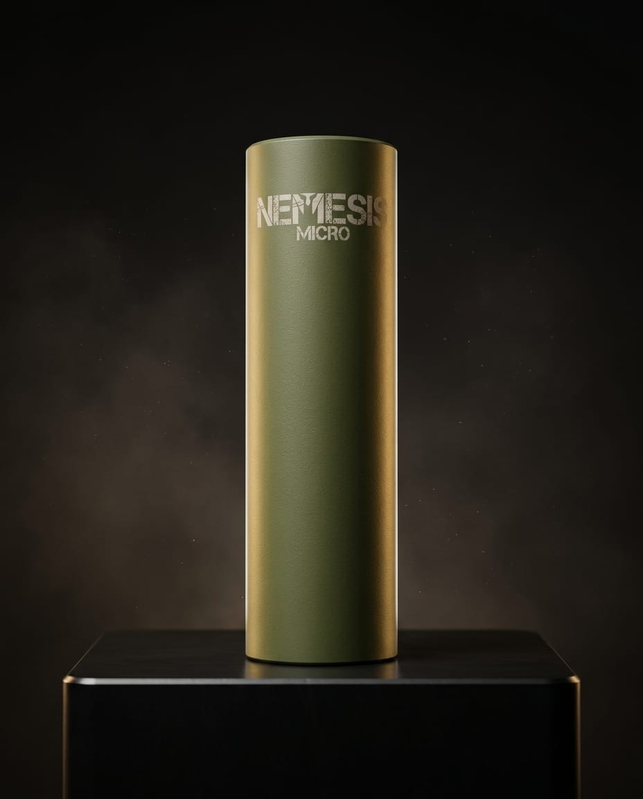 Саундмодератор NEMESIS MICRO 7.62 O.D. Green вертикально на підставці - гравіювання NEMESIS MICRO і торець із газовими отворами