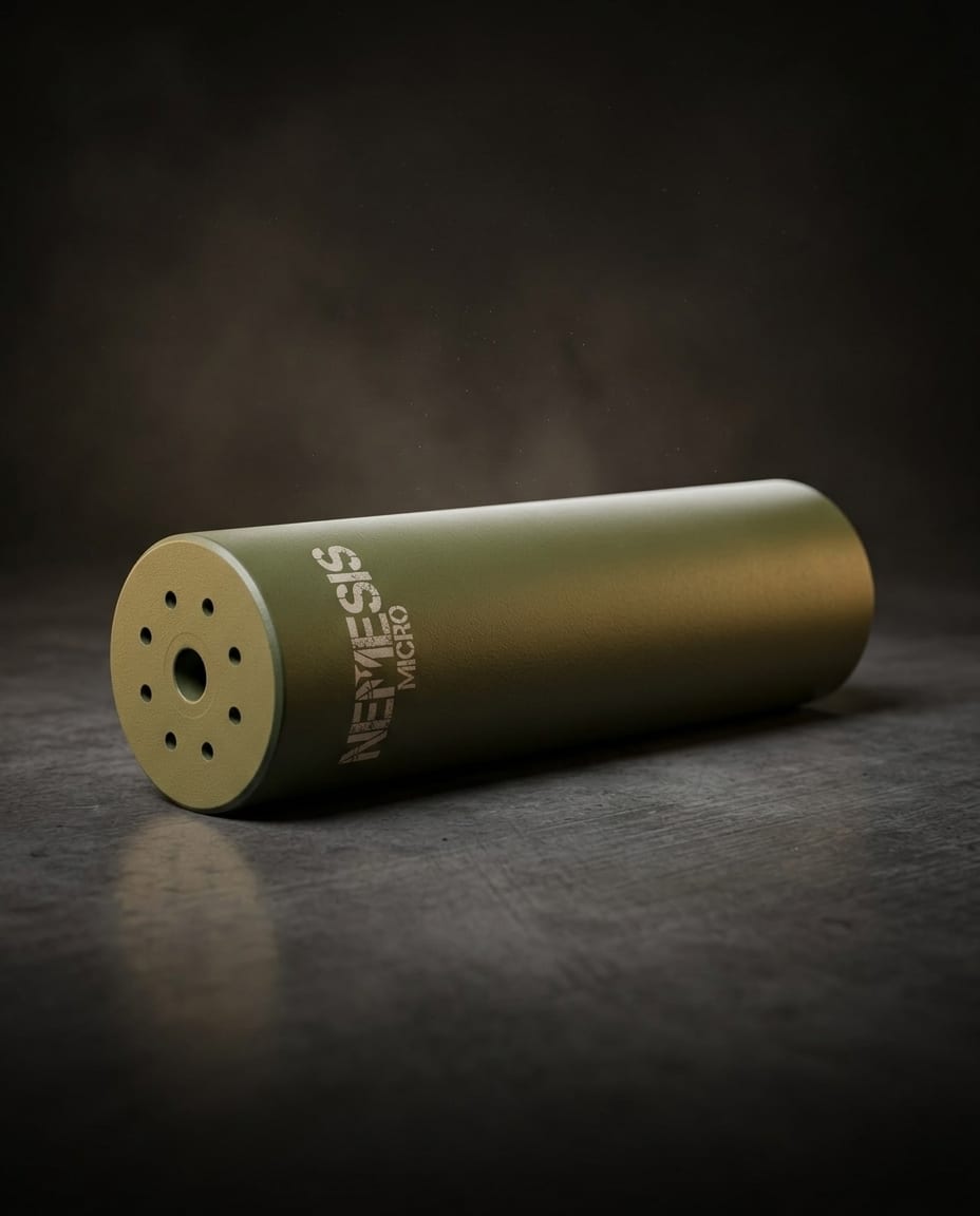 Глушник NEMESIS MICRO 7.62 O.D. Green лежить на поверхні - матовий корпус Cerakote, торець із газовими отворами