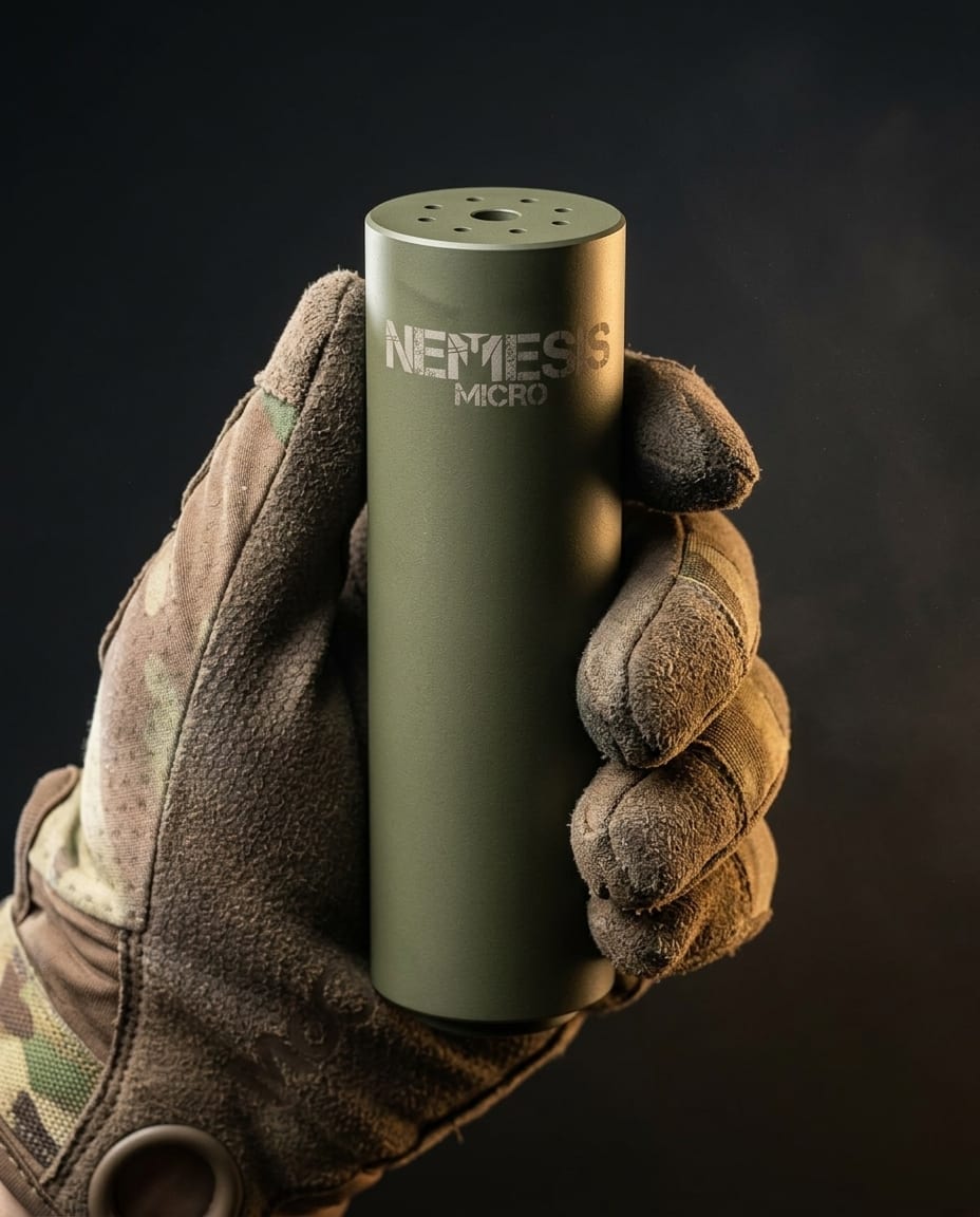 Саундмодератор NEMESIS MICRO 7.62 O.D. Green в тактичній рукавиці - матовий корпус Cerakote з гравіюванням NEMESIS MICRO