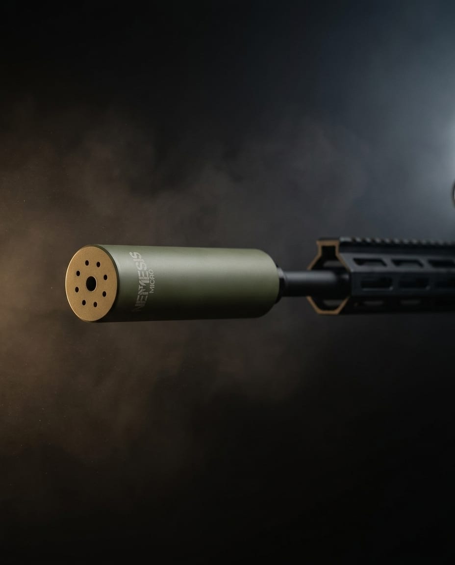 Саундмодератор NEMESIS MICRO 7.62 O.D. Green встановлений на зброї - вид збоку