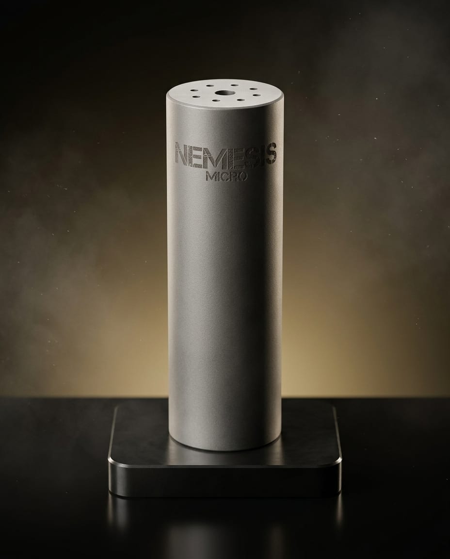 Саундмодератор NEMESIS MICRO 7.62 з нержавіючої сталі вертикально на підставці - гравіювання NEMESIS MICRO і торець із газовими отворами