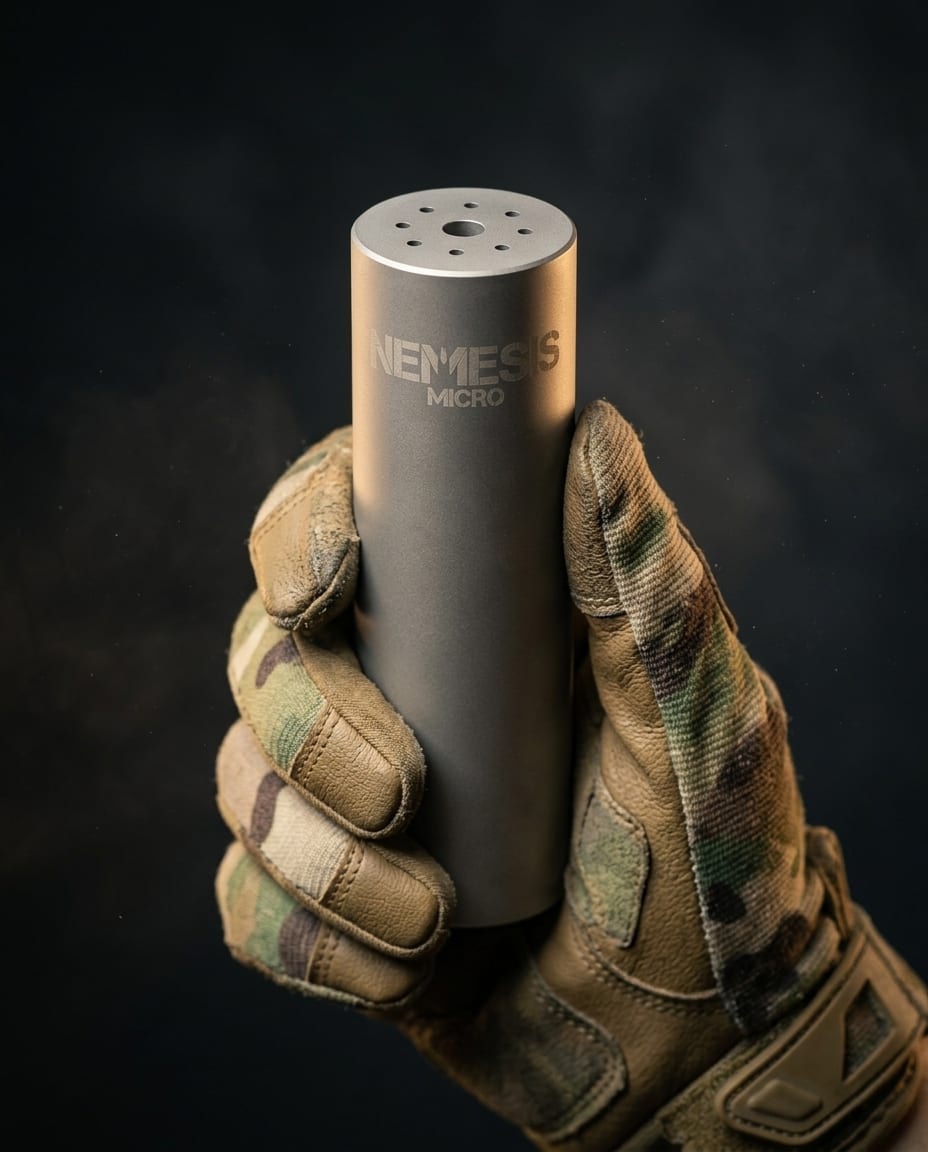 Саундмодератор NEMESIS MICRO 7.62 з нержавіючої сталі в тактичній рукавиці - матовий корпус із гравіюванням NEMESIS MICRO