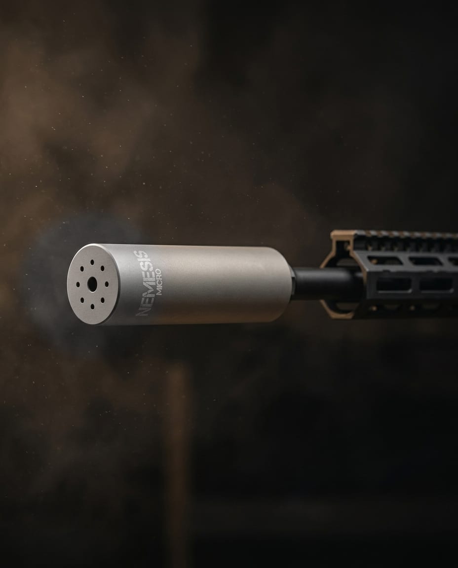 Саундмодератор NEMESIS MICRO 7.62 з нержавіючої сталі встановлений на зброї - вид збоку